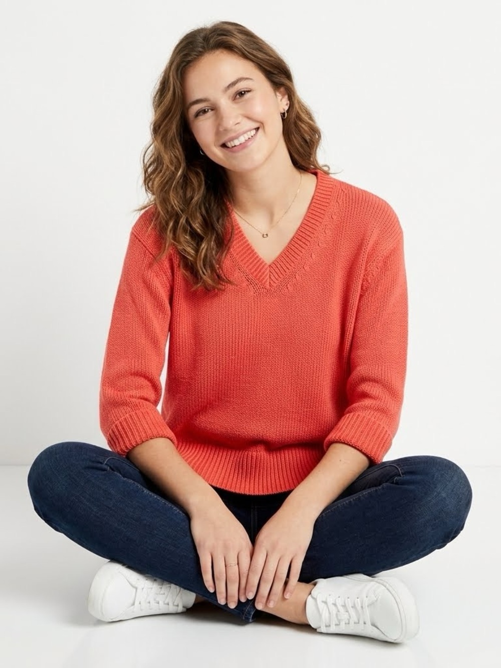 Workshop Republic Womens XS V-Neck Sweater Orange Knit Pullover 3/4 Sleeve